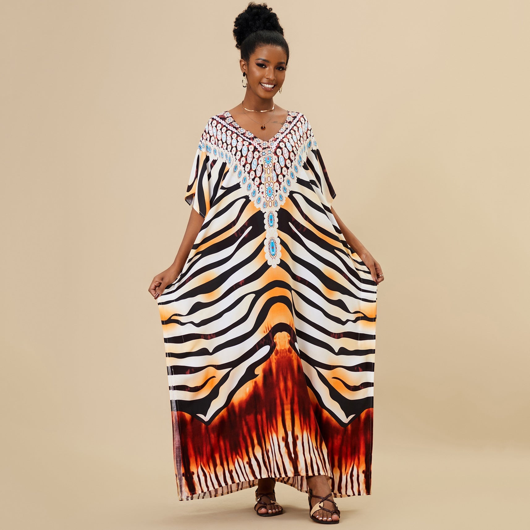 Loose Long Beach Cover Up Rayon Positioning Print Holiday Robe Dress Women Bella Mia